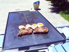 Ribeye steaks and bacon wrapped chicken breasts cooking on the Solar Fryer