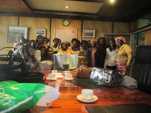 Mama solar poses for a photo with participants (Alliance of women in coffee) after training at coffee plaza office in Naiobi