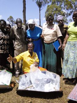  (Mama Solar) explains the use of a  solar cooker in Uganda.