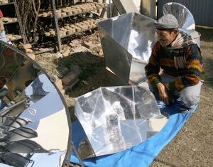 Sanu Kaji Shrestha and FoST promote several types of solar cookers, as well as fuel-efficient stoves that burn special briquettes made from agricultural and industrial waste.