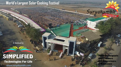 Aerial view of the 7,438 school children learning the basics of solar cooking at SuryaKumbh 2017 - Photo credit: Vivek Kabra