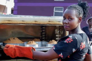 Removing cakes from the oven