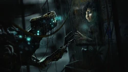 Promotional Art of the Construct reflecting on their former self (A woman resembling Catherine Chun in this case).