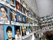 The memorial wall at the former School Number One in Beslan.
