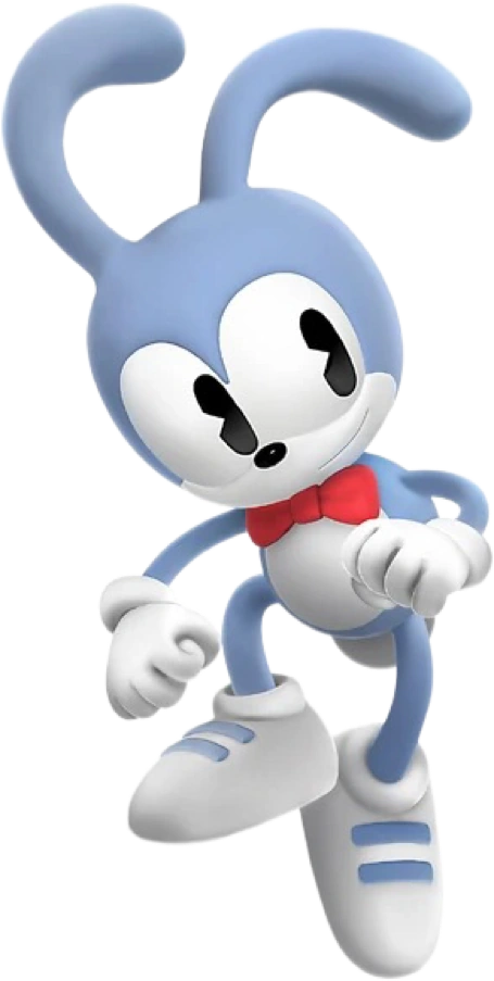 an official render of one of the early versions of sonic's character, a pastel blue rabbit with a red bow tie