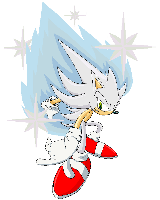 Hyper sonic the hedgehog with white fur and a colourful glowing
