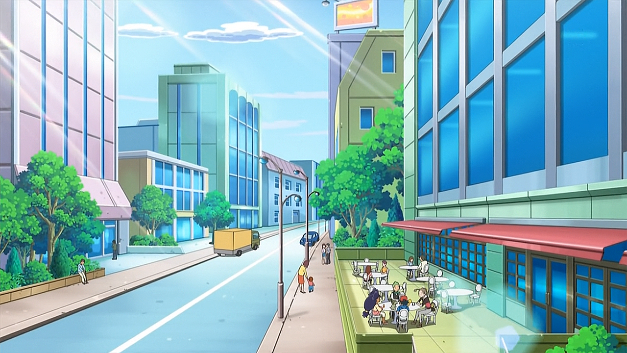 Anime city background with Buildings, grass, sidewal... | OpenArt