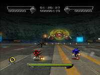 Sonic chases Shadow.