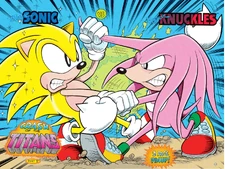 Super Sonic and Hyper Knuckles battling.