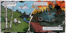 The Chemical Plant Zone before (left) and after Robotnik's takeover (right), from . Art by .