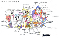Concept artwork of Amy alongside other cast members of the manga. Taken from Sonic Origins.