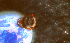 In-game screenshot of a Shadow the Hedgehog cutscene, depicting an ARK escape pod, with Shadow inside it, on its way to Earth.