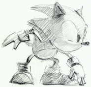 Sketch of Sonic by Kazuyuki Hoshino. This sketch would be transformed into a sprite used in the beginning of Wacky Workbench. Taken from Sonic Generations.