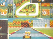 The HUD (now with a lime green background) shows the characters' ranking counters. However, they are glitched, displaying water blocks behind them (except Tails'). Other than that, the background still has small alternations and its position is completely different from where it is placed in the final game.