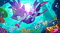 Blaze swimming in Coral Cave, for August 2023.