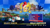 Billy's race car, the Racing Rooster's statistics in Sonic & Sega All-Stars Racing.