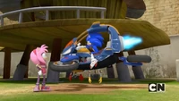 Sonic riding the Blue Force One.