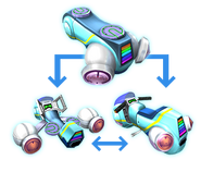 A diagram of the Omnitempus transforming into an Air Ride type and/or a Bike type in Sonic Riders: Zero Gravity.