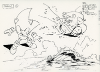 An earlier version of one of the concept illustrations. In this version, the Sonic on the left has only two head quills instead of five and his one back quill is missing.