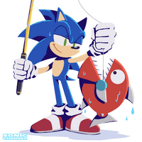 Sonic and small Chopper artwork for the countdown of the Sonic Frontiers release, from Sonic Channel. Art by Yui Karasuno