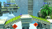 Bottomless pit below Classic Sonic, from Sonic Generations. Notice the floating warning signs below.