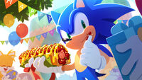 Sonic holding a chili dog, with Amy, Tails, Knuckles, Big, Froggy, Silver and Blaze in Green Hill for Sonic's birthday in 2020.