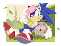 Sonic and Koco - Kao MegRhythm x Sonic Frontiers campaign artwork. Art by Yui Karasuno