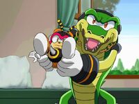 Vector uses Charmy as weapon