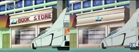 Comparison of the Japanese (left) and English (right) versions of the same scene. Note the book store logo.