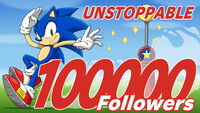 Japanese Sonic Twitter reaching 100,000 followers. Artwork by Yuji Uekawa.