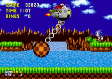 A flat area with a floating platform on each edge of the screen. A hovercraft, piloted by Doctor Eggman, is in the center, chained to a checkered wrecking ball which it swings.