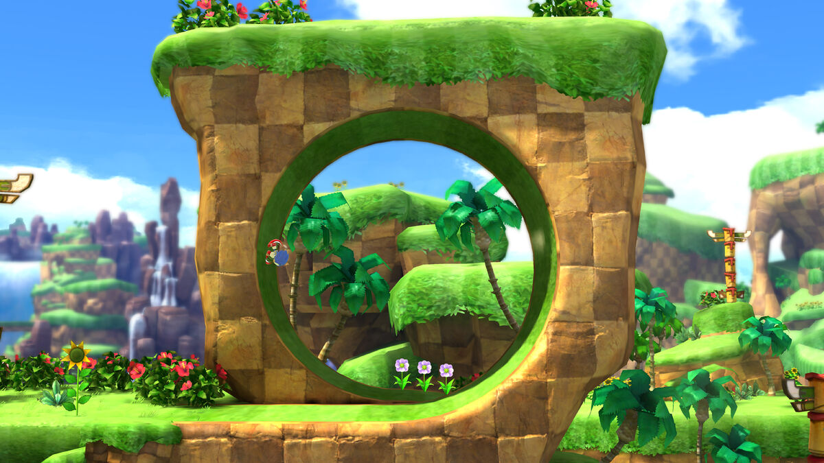 Classic green hill zone level and the icon loop sonic runs across