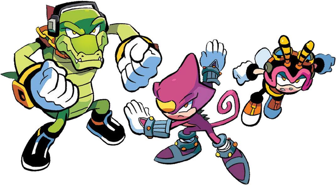 Espio the Chameleon, and Charmy Bee who run the Chaotix Detective Agency. 
