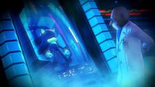 Professor Gerald Robotnik stands outside of a capsule, observing an unconscious Shadow the Hedgehog.
