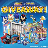 Promotional graphic for a giveaway hosted by Gfuel, featuring many items