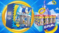 A promotional graphic for the Peach Rings Collector's set and the 12 pack of Peach Rings drink