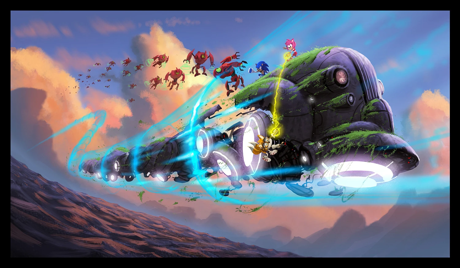 A concept art painting for Sonic Boom Rise of Lyric. The painting depicts the playable characters riding on top of a flying art deco styled train as they are pursued by red one-eyed robots with large upper bodies.