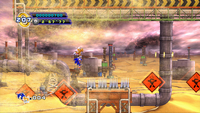 Sonic and Tails crossing wild area of bottomless pit in Oil Desert Zone, from Sonic the Hedgehog 4: Episode II.