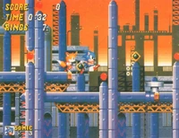 One of the first promotional images for Sonic 2, which was released during the summer of 1992. Features a shot of Oil Ocean Zone and a "ball release" switch - an axed feature.