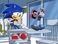 This brief shot of Sonic trying to dodge a kiss from the kissing robot was cut in the English dub.