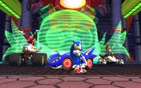 Sonic after winning a race in Sonic & Sega All-Stars Racing.