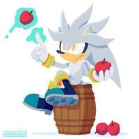 Silver sitting on a Barrel and levitating an Apple with Psychokinesis (Sonic the Hedgehog (2006) 17th anniversary).