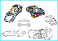 Concept art of the futuristic cars in Megalo Station.