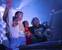 Jun Senoue with Hyper Potions at Magfest 2018 (flanked left-to-right: Evelyn Rose, Kevin Villecco, Ian Tsuchiura and Jun Senoue).[6]