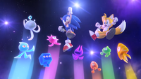 A Purple Wisp with Sonic, Tails and the other types of Wisps, from the Wii version of Sonic Colors.