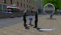 Sonic standing next to two soldiers.