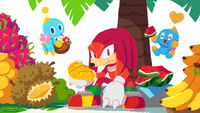 Knuckles and a pair of Chao enjoying fruits on a tropical island