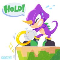 Espio trying to pull Vector up with a Bound Ring (Chaotix 27th anniversary).