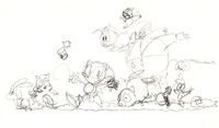 A sketch featuring Sonic, Dr. Eggman, Animals, and Badniks such as Caterkiller running through Green Hill Zone. This is a sketch illustrating the ending cutscene of the game.