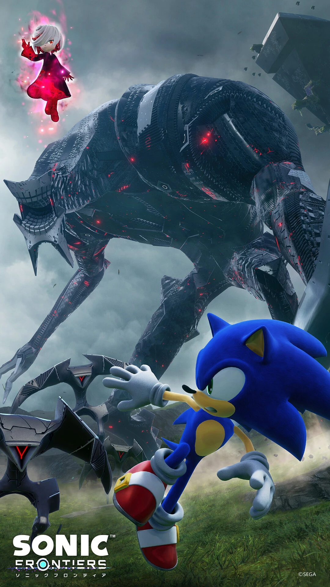 An official piece of key art for Sonic Frontiers in the style of a phone wallpaper, featuring Sonic evading some Kronos Island soldiers and the Giganto titan under the watchful eye of Sage. Source: Sonic Wiki Zone